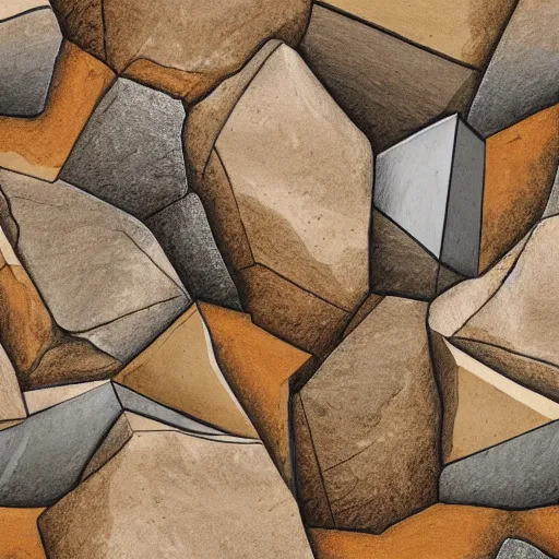 Prompt: masterpiece abstract intricate painting of detailed highly layered flat textured rocky field along a planer surface of rectangular shapes. highly geometric rectangular shapes with thin pencil rough sketch lines slanting down. isometric angles. beautiful use of light to create a sense of a stony landscape. using architectural brushwork and a rich earthy color palette, providing a mathematical rough sketch.