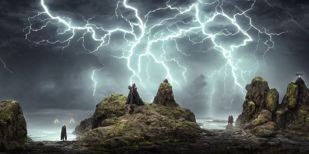 Image similar to photorealistic strange dark monks perform a ritual. magical symbols float above them. epic landscape with magically floating rocks, with ominous storm clouds, strange levitating stones, stones falling from the sky, a gentle rising mist. occult photorealism, uhd, amazing depth, glowing, volumetric lighting, cinematic lighting, design by alphonse mucha