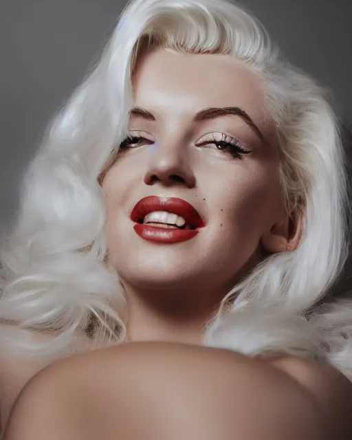 Image similar to Beautiful Head and shoulders portrait of smiling flirty seductive Marilyn monroe with platinum blonde hair, wearing a camisole by arney freytag, artstation, 35mm, fashion photoshoot, laying on a bed in a photo studio, golden hour, bokeh, rim lighting, fashion pose, octane, 4k