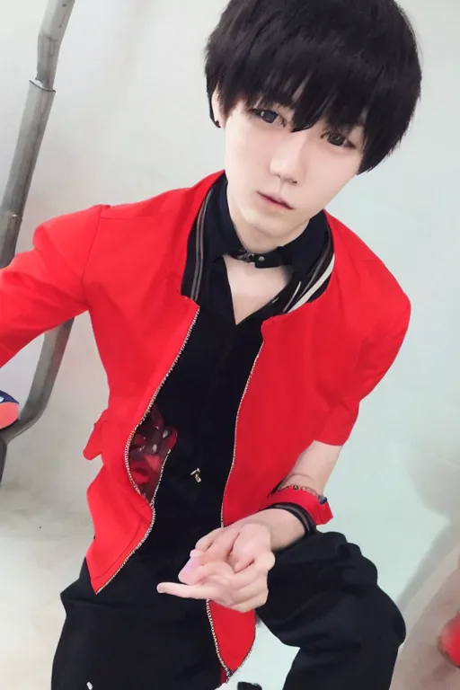 Prompt: red pontail Young man, European, bangs, no beard, black tail coat, big red eyes, pretty boy, handsome, live2D, genshin impact, diluc, mihoyo, hoyoverse,