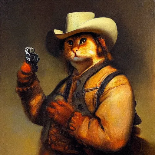 Prompt: a cat wearing cowboy clothing and wielding a revolver, oil painting, by Rembrandt