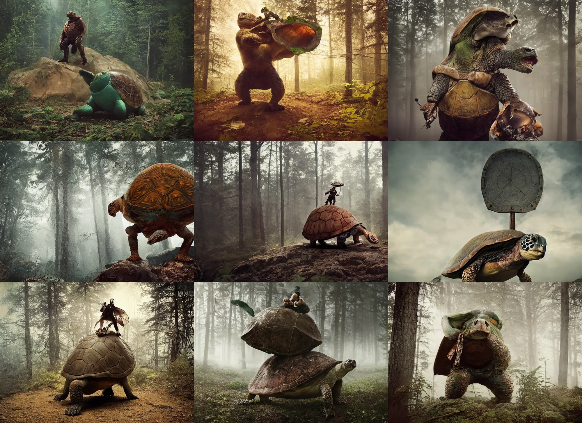 Prompt: a badass turtle fighter oversized hulked animal anthropomorphic with a shield made out of a turtle shell, on deep forest peak, cinematic focus, polaroid photo, vintage, soft lights, foggy, by oleg oprisco, by thomas peschak, by discovery channel, by victor enrich, by gregory crewdson