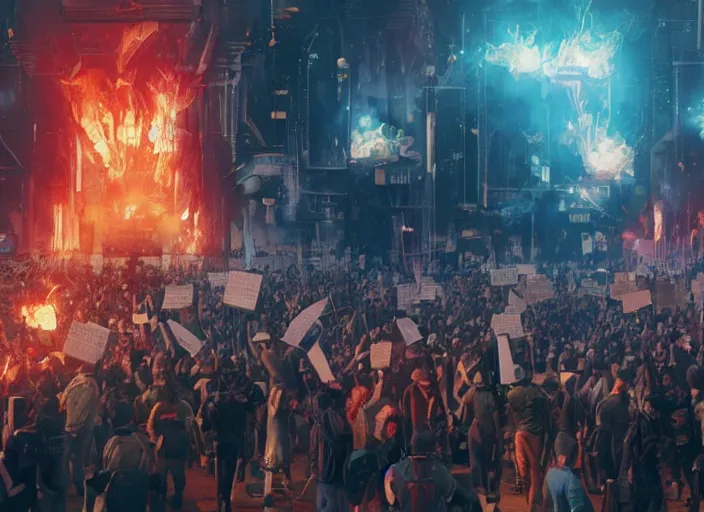 Image similar to protesters holding placards, detailed digital illustration by greg rutkowski, fire, android netrunner