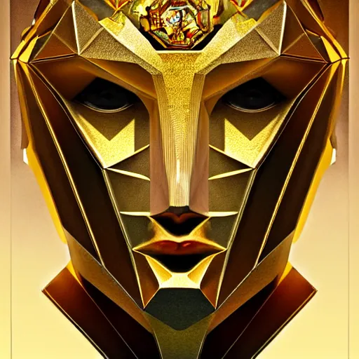 Image similar to halfturn crystal face, geometrical, fully made of golden crystals, half - turn, bottom view, ominous, intricate, architectural, geometrical, art by anthony macbain + greg rutkowski + alphonse mucha, concept art, 4 k, sharp focus
