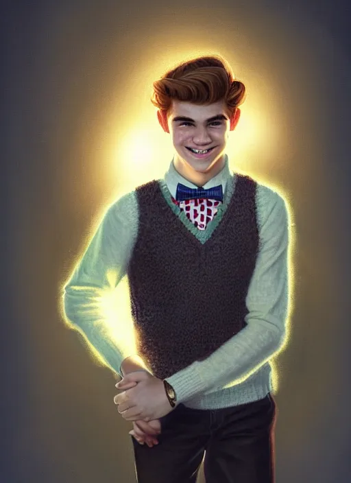 Prompt: portrait of teenage archie andrews, freckles, curly middle part haircut, curly hair, middle part hairstyle, smiling kindly, wearing a bowtie and sweater vest, intricate, elegant, glowing lights, highly detailed, digital painting, artstation, concept art, smooth, sharp focus, illustration, art by wlop, mars ravelo and greg rutkowski