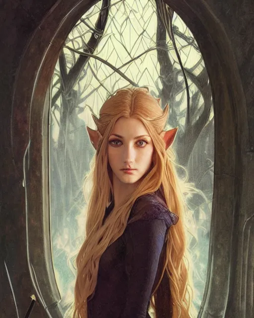 Image similar to portrait of katherine mcnamara elven mage, dark, piercing eyes, gentle expression, elegant clothing, photorealistic, highly detailed, artstation, smooth, sharp focus, art by michael whelan, artgerm, greg rutkowski and alphonse mucha