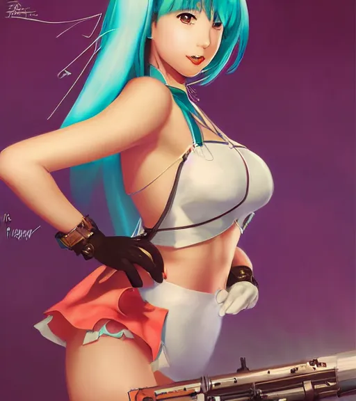 Prompt: Hatsune miku by artgerm, rossdraws, magali villeneuve, Gil Elvgren, Alberto Vargas, Earl Moran, Art Frahm, Enoch Bolles