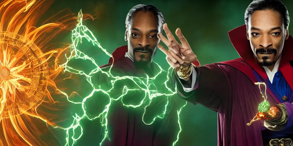 Image similar to snoop dogg as the doctor strange, marijuana leaves, green light, highly detailed, marvel cinematic universe, mcu, photo