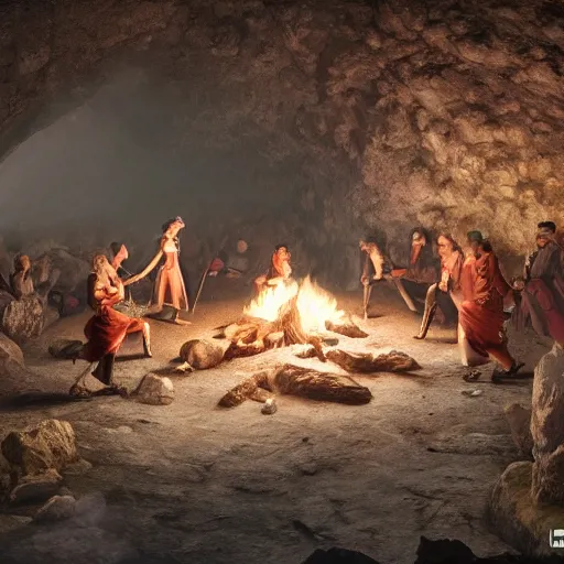 Image similar to medieval people dancing in a cave around a campfire, many minerals and crystals growing out of the ground, matte painting, 4k, very detailed, unreal 5