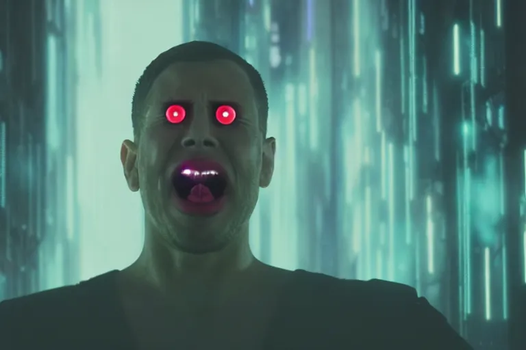 Image similar to hologram of a screaming face dominates the background photography by fred palacio medium full shot still from bladerunner 2 0 4 9, sci fi, bladerunner, canon eos r 3, f / 3, iso 2 0 0, 1 / 1 6 0 s, 8 k, raw, unedited