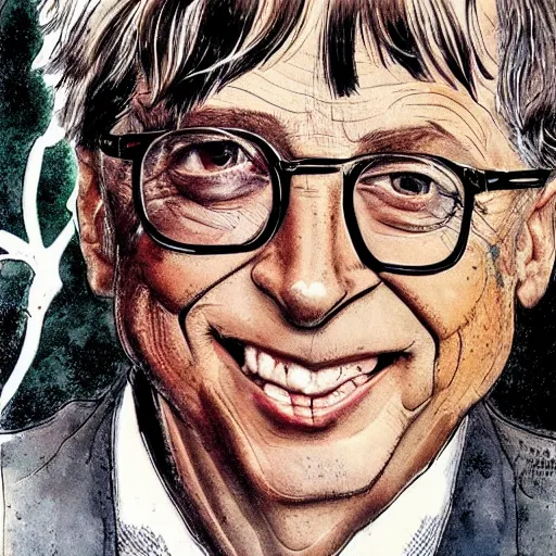 Image similar to bill gates holding a vaccine in his hand, Body horror, by Ralph Steadman