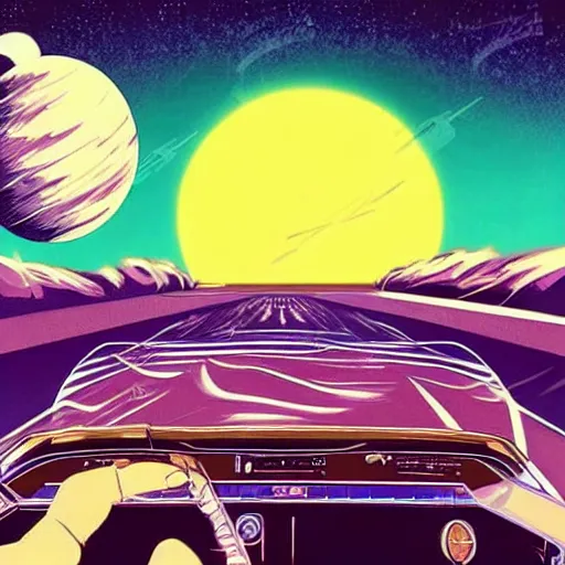 Image similar to 1960s car on a road in space driving towards a planet, synthwave