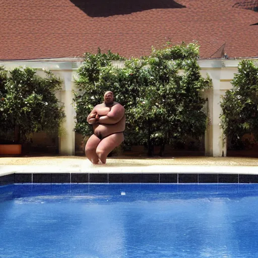 Image similar to fat black person in an empty pool, water splashed everywhere