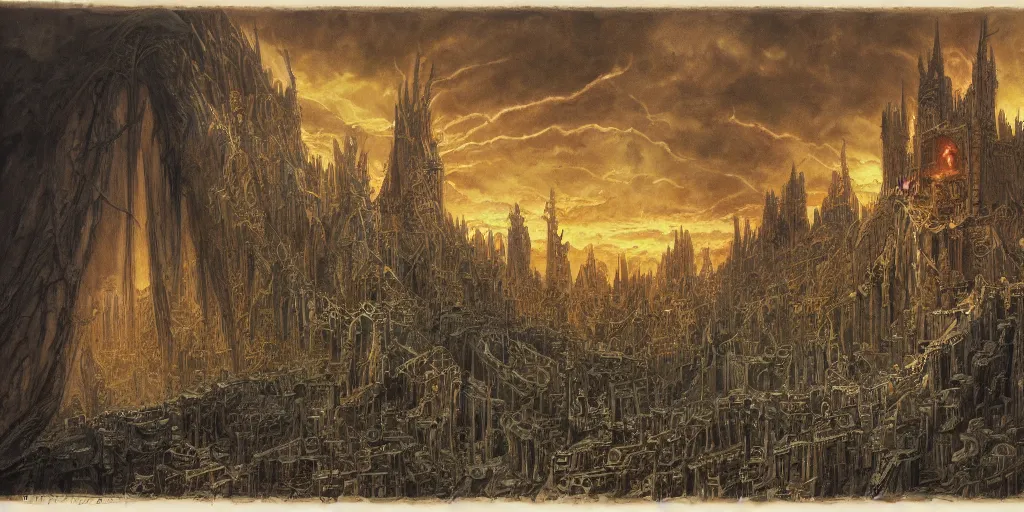 Image similar to Artwork by John Howe of the cinematic view of the Chaotic Oubliette of the Demon King.