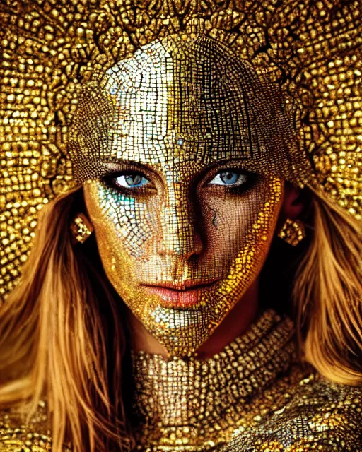 Prompt: mosaic portrait of woman in shining golden armor, high production value, intricate details, high resolution, hdr, high definition, masterpiece, realistic, ultrarealistic, highly detailed, hd, sharp focus, non blurry, sharp, smooth