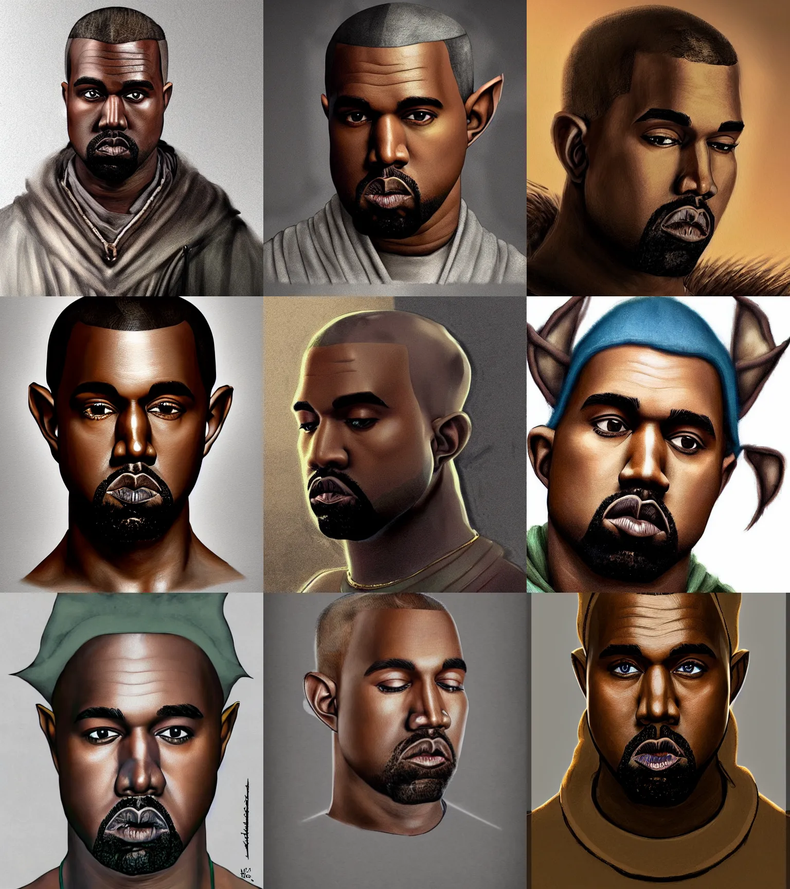 Prompt: portrait of kanye west as an elf from the lord of the rings elf, pointy ears, artstation, epic, detailed
