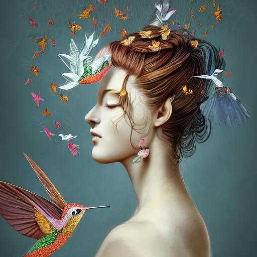Image similar to 3 / 4 view of a beautiful girl wearing an origami dress, hummingbirds, elegant, by esao andrews, by eiko ishioka, givenchy, by peter mohrbacher, centered, floral ornamentic on cloth and hair, detailed beautiful face, high depth of field, origami, detailed fashion illustration, vogue, japanese, reallusion character creator