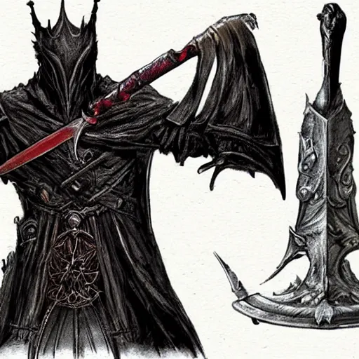 Prompt: a new Bloodborne trick weapon called “Haller”, it is a mix of a halberd and a dagger. Concept art, diagram, design, schematics, videogame, 2016, amazing, wow