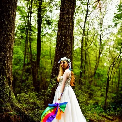 Prompt: A beautiful fairy in a rainbow wedding gown sits in a colorful forest