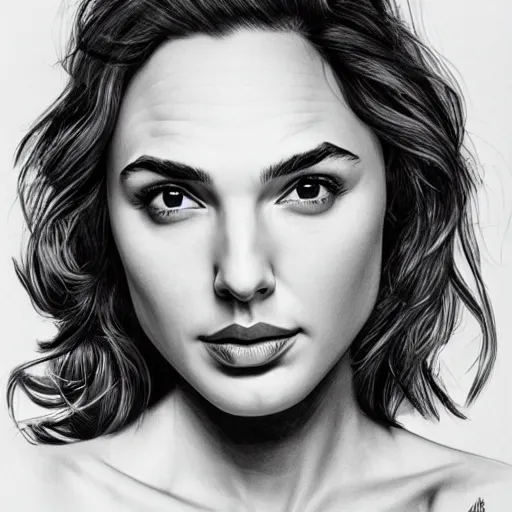 Image similar to Gal Gadot, head and shoulders portrait, extremely detailed masterpiece, one single continues line.