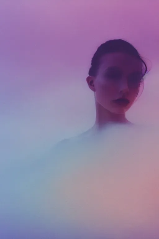 Image similar to high quality pastel coloured film close up wide angle photograph of a model wearing clothing swimming on cloud furniture in a icelandic black rock!! environment in a partially haze filled dreamstate world. three point light, rainbow. photographic production. art directed. pastel colours. volumetric clouds. pastel gradient overlay. waves glitch artefacts. extreme facial clarity. 8 k. filmic.