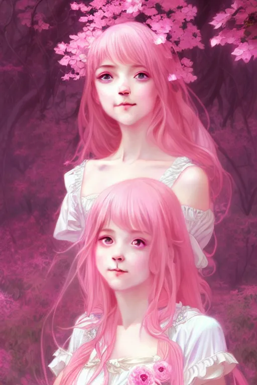 Image similar to portrait of beautiful magical anime lolita girl, dreamy and ethereal, pink eyes, happy expression, fantasy, intricate, elegant, in pink forest, highly detailed, digital painting, artstation, concept art, smooth, sharp focus, illustration, art by artgerm and greg rutkowski and alphonse mucha