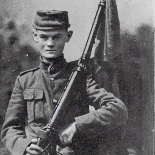 Prompt: old wartime photograph of vitalik buterin holding a lewis gun, 1 9 1 7