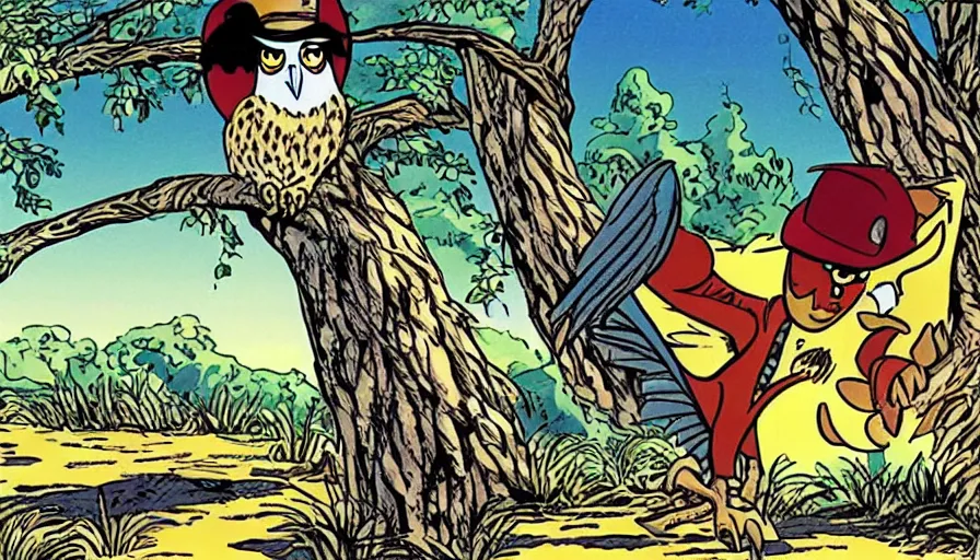 Image similar to saturday morning cartoon show The Lone Ranger as an owl animal, screenshot from 1990s animated show