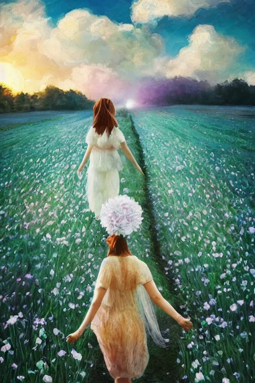 Image similar to giant white flower crown as head, veil girl walking in a flower field, surreal photography, sunrise, dramatic light, impressionist painting, colorful clouds, digital painting, artstation, simon stalenhag