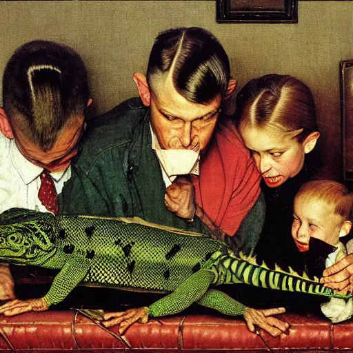 Prompt: a painting of the family tegu by Norman Rockwell