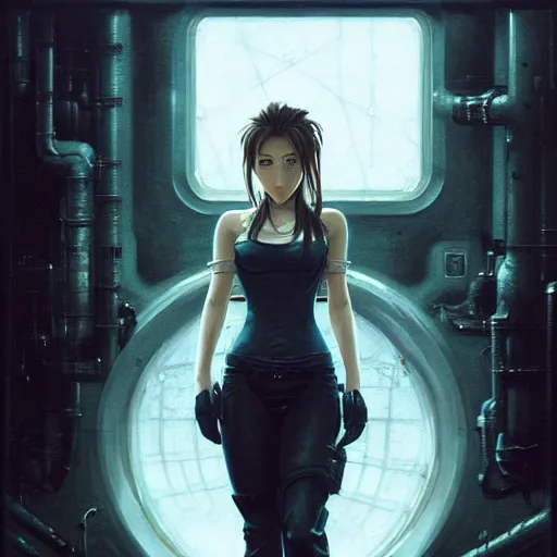 Image similar to Portrait of Aerith Gainsborough by Greg Rutkowski. She is hiding from a Shinra robot in the Reactor Core by Mark Arian. It is dark and stark and industrial by H.R. Giger. soft render, octane, highly detailed painting by Moebius. artstation Blank Canvas Scene by Tetsuya Nomura.