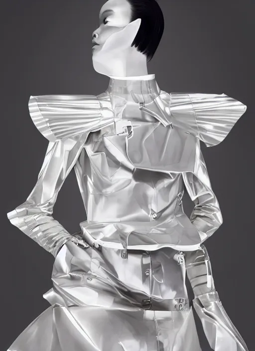 Prompt: a digital portrait of a japanese girl detailed features wearing a pilot latex suit wedding dress - synthetic materials, by balenciaga and issey miyake by ichiro tanida and mitsuo katsui