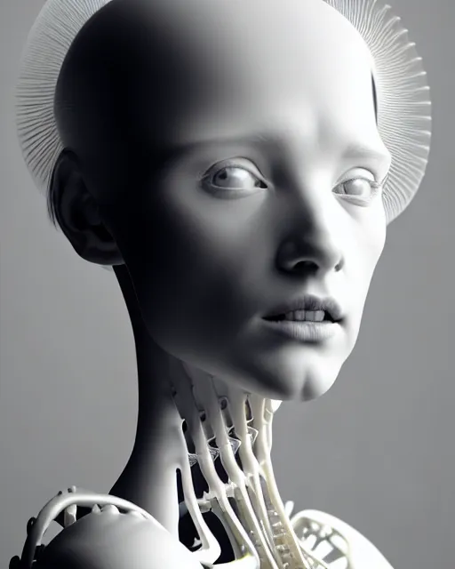 Image similar to white background, halo, dreamy foggy elegant soft luminous bw profile face 3 d render of a beautiful young biomechanical - porcelain - female - cyborg with a delicate detailed mandelbrot fractal texture skin and a very long neck with gothic pearl embroidered collar, white smoke atmosphere, rim light, hg giger, 8 k