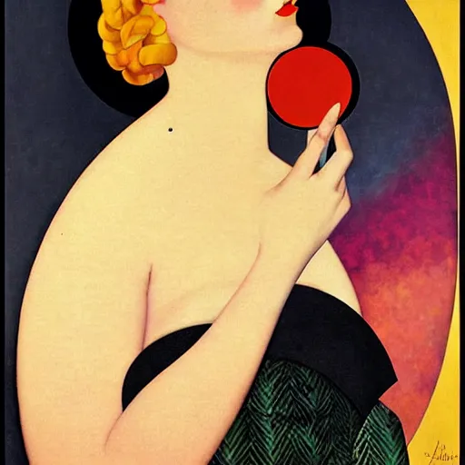 Prompt: Art in the style of Coles Phillips, Gaia, Full figured Mother Earth, portrait, Tamara De Lempicka, Kandinsky