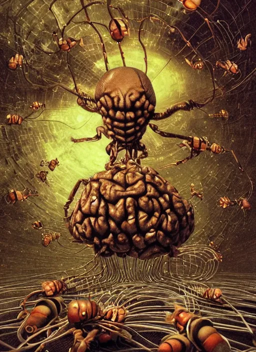 Prompt: realistic detailed image of little cockroaches and flying flies eating a big human brain connected with wires and cords to a huge PC computer screen monitor from 90s in a huge server room, in an outer space by Ayami Kojima, Amano, Karol Bak, Greg Hildebrandt, and Mark Brooks, Neo-Gothic, gothic, rich deep colors. Beksinski painting, part by Adrian Ghenie and Gerhard Richter. art by Takato Yamamoto. masterpiece. realistic detailed image