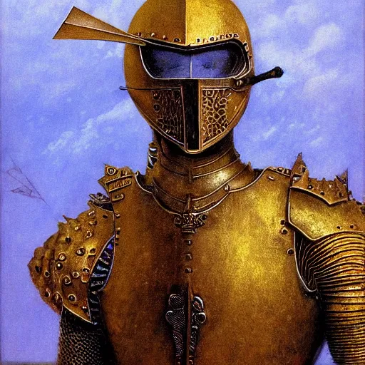 Image similar to portrait of powerful mighty noble knight in golden armour. He has big sword. He has golden hairs and blue eyes. Painting by Beksinski