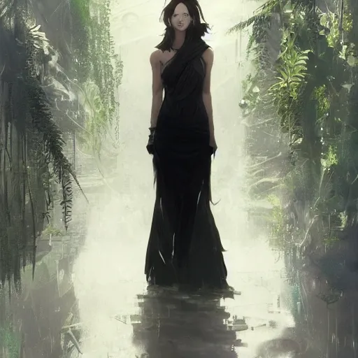 Image similar to portrait of a woman in a black dress standing in an elegant greenhouse garden, dramatic lighting, illustration by greg rutkowski, yoji shinkawa, 4 k, digital art, concept art, trending on artstation