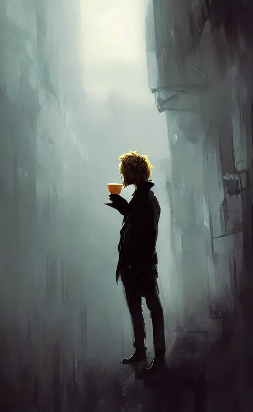 Prompt: a beautiful artwork illustration, concept art sketch of a portrait of a blonde man drinking coffee, volumetric fog, godrays, high contrast, high contrast, high contrast, vibrant colors, vivid colors, high saturation, by Greg Rutkowski and Jesper Ejsing and Raymond Swanland and Alena aenami, featured on artstation, wide angle, vertical orientation