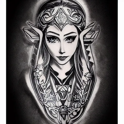 Prompt: tattoo design, stencil, portrait of princess zelda by artgerm,