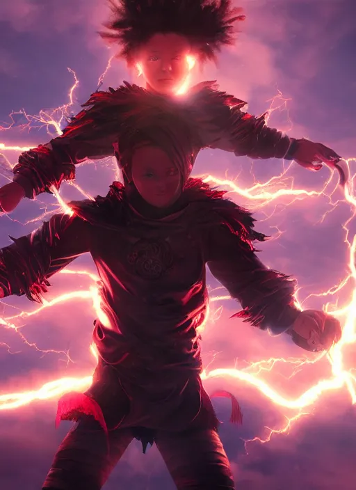 Image similar to An epic fantasy comic book style portrait painting of a young boy surrounded by lightning and power, unreal 5, DAZ, hyperrealistic, octane render, cosplay, RPG portrait, dynamic lighting