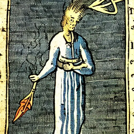 Image similar to a 1 8 th century illustration of a medieval peasant holding a large blue trident above his head.