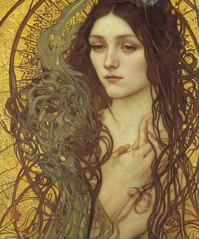 Image similar to detailed realistic beautiful young medieval queen face portrait by jean delville, alphonse mucha, vincent van gogh, and marco mazzoni, art nouveau, symbolist, visionary, gothic, pre - raphaelite