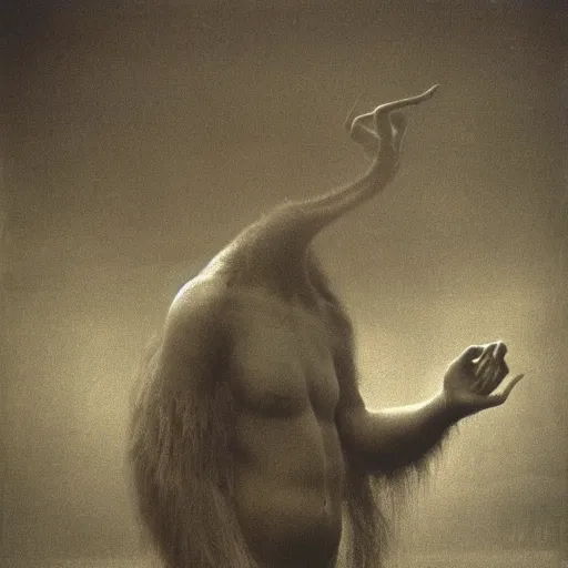 Prompt: vintage photography of realistic faceless beast-god with many long arms, a huge body covered with deep furs by Zdzisław Beksiński, odd eye, dark fantasy, fat, unbalanced , blur, haze, fog, vignetting, platinum printing
