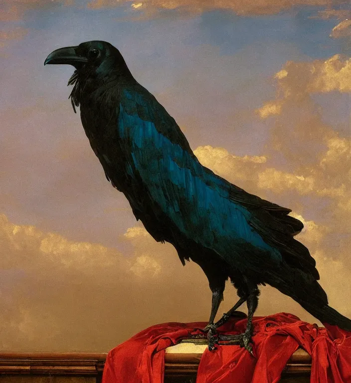 Prompt: a beautifully weird funny cheeky photoreal clear detailed victorian portrait of a close up raven on a victorian windowsill with an ornate velvet dark teal curtain at beautiful sunset daytime nature sunlit painting by frederic leighton and turner and morris and rosetti, 8 k, octane render