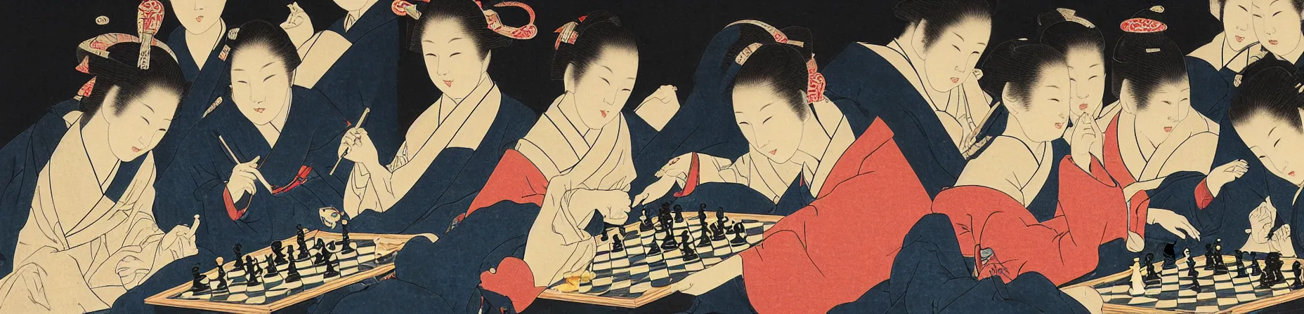 Prompt: chess tournament, ukiyo - e, mary stevenson cassatt, galactic light colors