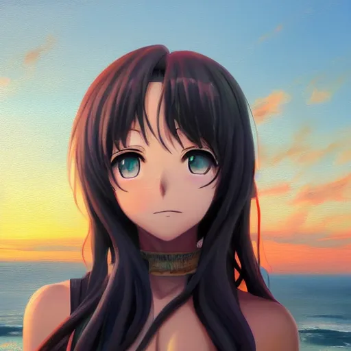 Image similar to an anime girl portrait, sunset, ocean in distance, oil painting, pale colors, high detail, 8 k, wide angle, trending on artstation,