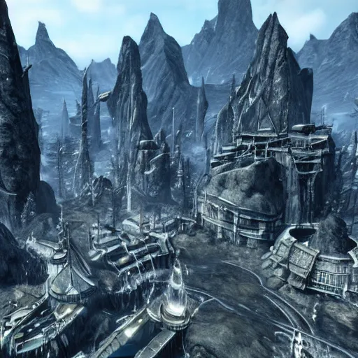 Image similar to gorgeous skyrim futuristic city, ultra detailed, 4 k