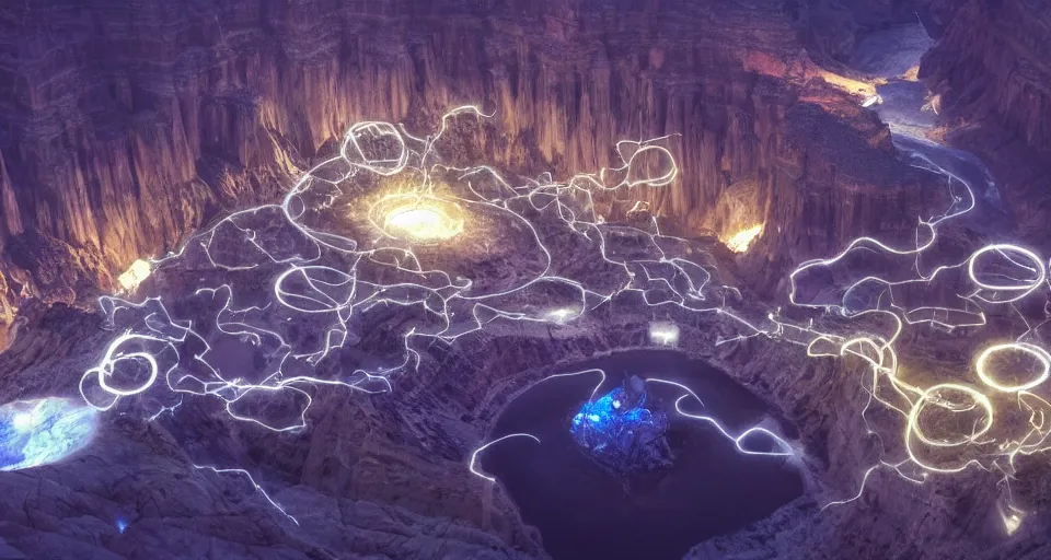 Image similar to night, a lot of people and a spiral - shaped white luminous attractor is floating in grand canyon, concept art, art for the game, professional lighting, art