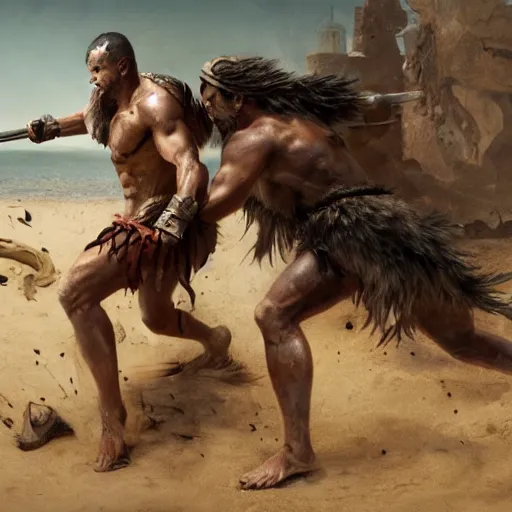 Prompt: an spartan man fighting with an wolf on a beach, Matte painting , detailed painting, made by Greg Rutkowski, 4k, atmospheric