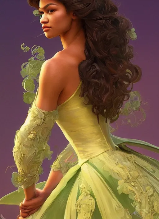 Image similar to beautiful zendaya as tiana princess disney, intricate, elegant. highly detailed, digital painting, artstation, concept art, smooth, sharp, focus, illustration, art by artgerm and greg rutkowski and alphonse mucha